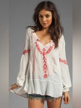 Free People Rolling Stone Embroidered Woven Top